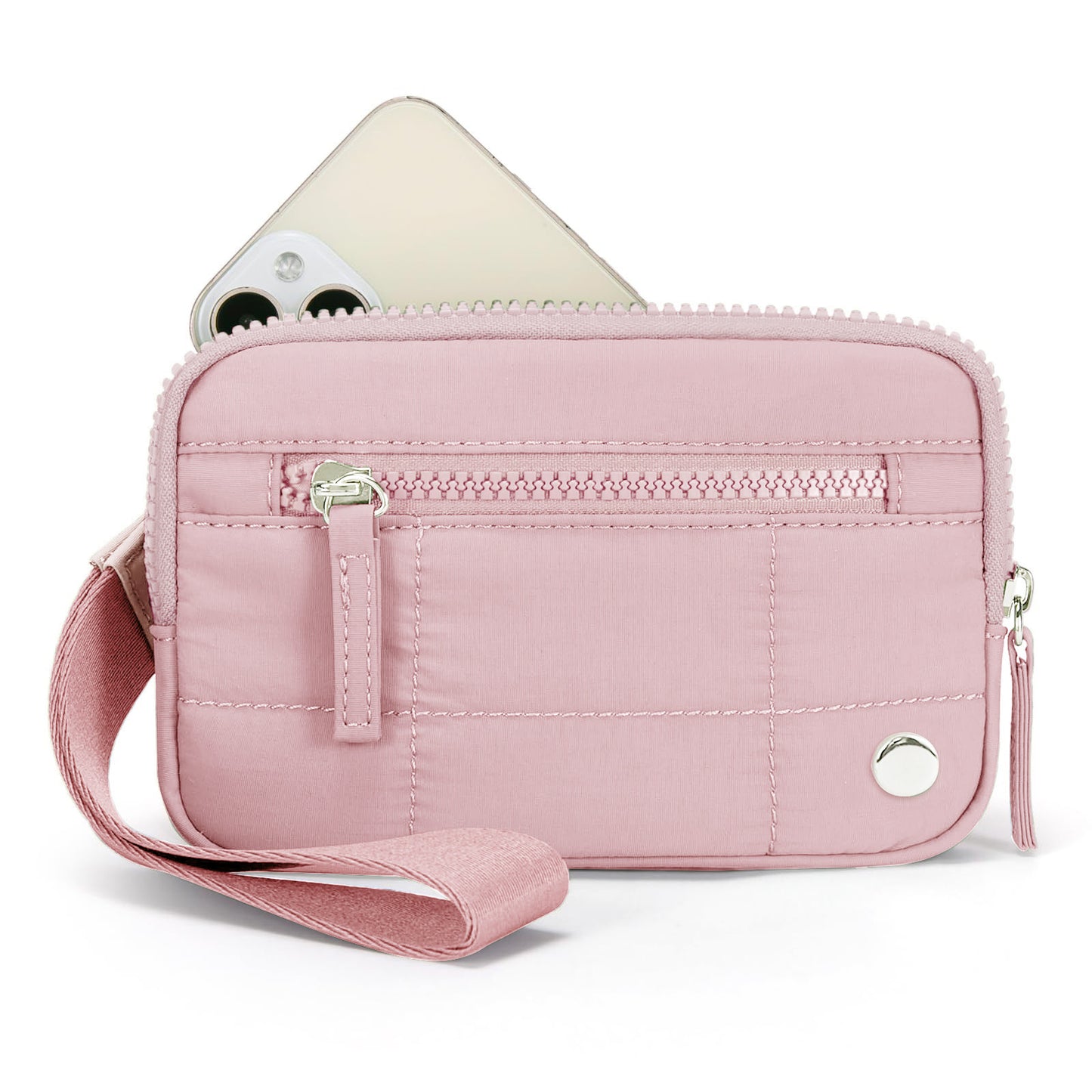Light pink waterproof quilted handbag with wrist strap and front zipper, perfect for carrying tech gadgets in a soft feminine tone.