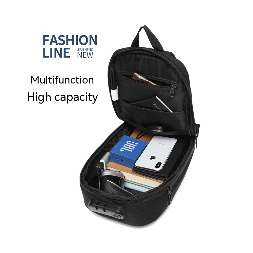 Open view of Men's Anti-theft Chest Sports Waterproof Oxford Cloth Shoulder Messenger Bag showing organized compartments for tech gadgets.
