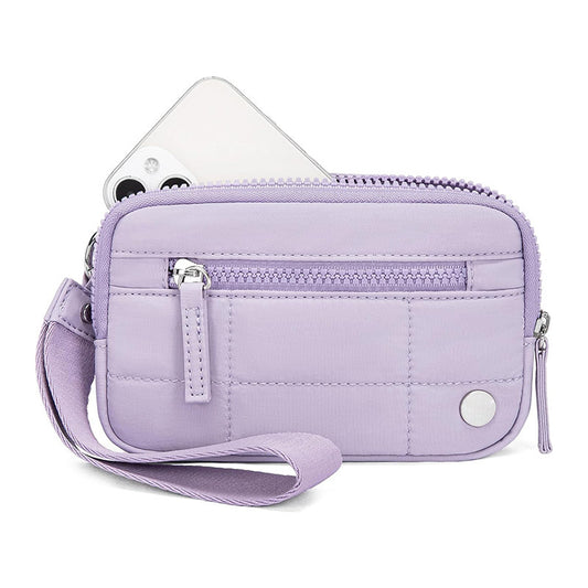 Light purple waterproof quilted handbag for women with transparent deck, nylon material and wrist strap, ideal for daily tech gadget storage.
