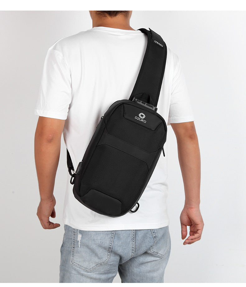 Rear view of Men's Anti-theft Chest Sports Waterproof Oxford Cloth Shoulder Messenger Bag worn crossbody, highlighting adjustable strap.
