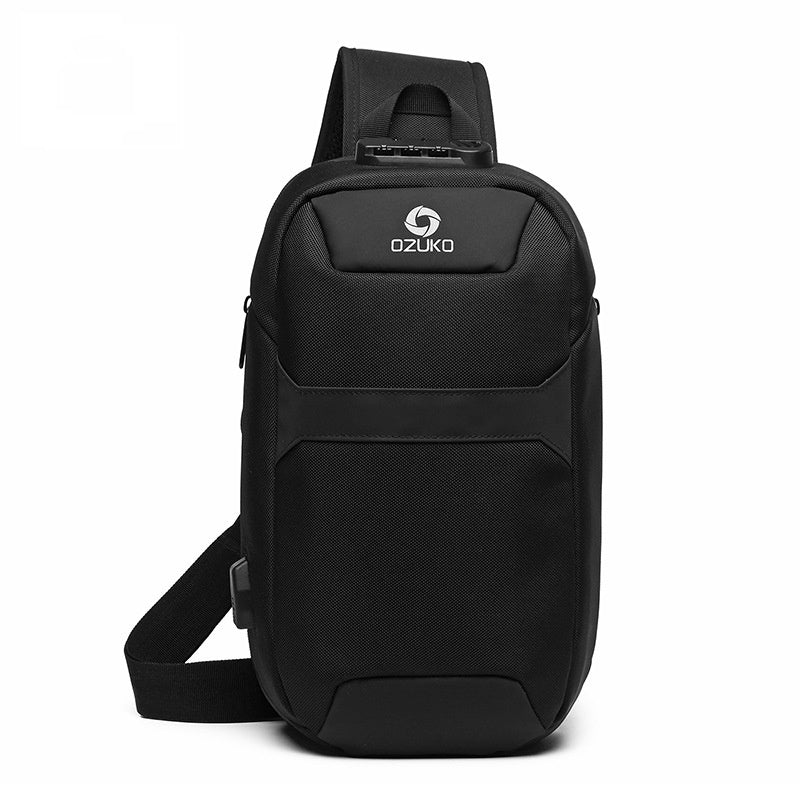 Front view of black Men's Anti-theft Chest Sports Waterproof Oxford Cloth Shoulder Messenger Bag with logo and anti-theft lock feature.