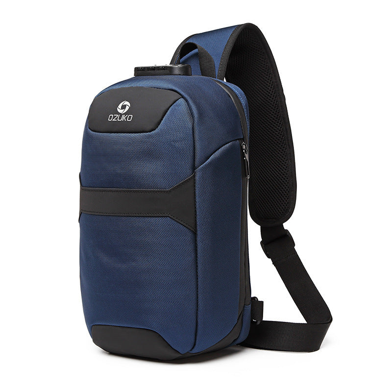 Dark blue Men's Anti-theft Chest Sports Waterproof Oxford Cloth Shoulder Messenger Bag with Oxford cloth texture and modern silhouette.