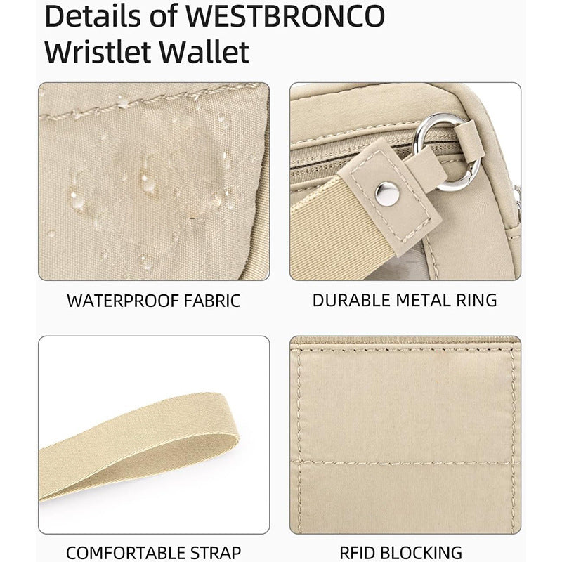 Close-up of beige waterproof quilted handbag features including water-resistant fabric, durable metal ring, RFID blocking, and wrist strap.