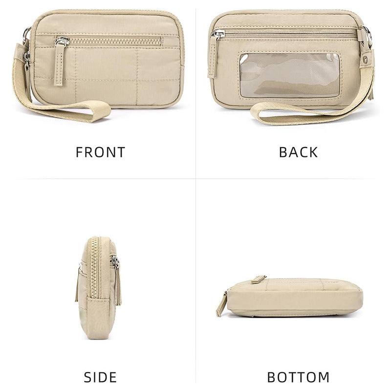 Beige waterproof quilted handbag shown from front, back, side, and bottom views, highlighting transparent ID window and compact design.