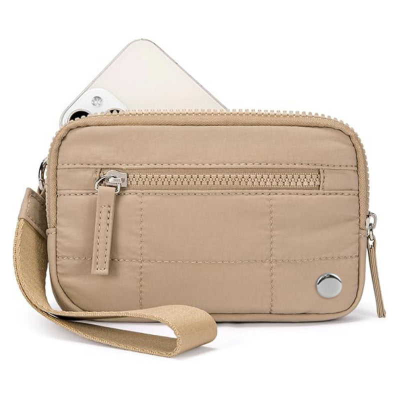 Khaki waterproof quilted handbag with wrist strap and front zipper, suitable for both men and women in a neutral color palette.