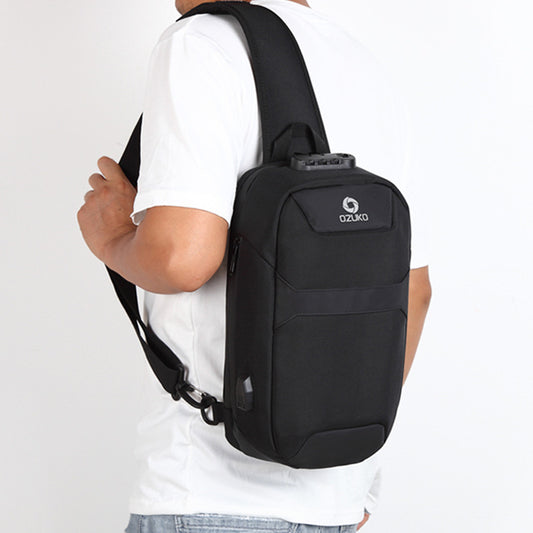 Men's Anti-theft Chest Sports Waterproof Oxford Cloth Shoulder Messenger Bag worn crossbody, showcasing ergonomic fit and sleek black design.