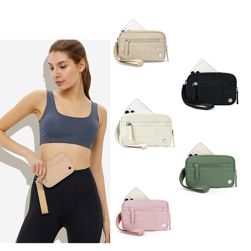 Model wearing beige waterproof quilted handbag with other color options including black, green, pink, and white, showcasing urban simplicity style.
