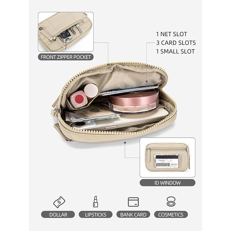 Beige waterproof quilted handbag interior showing card slots, net slot, ID window, and space for cosmetics, ideal for urban simplicity style.